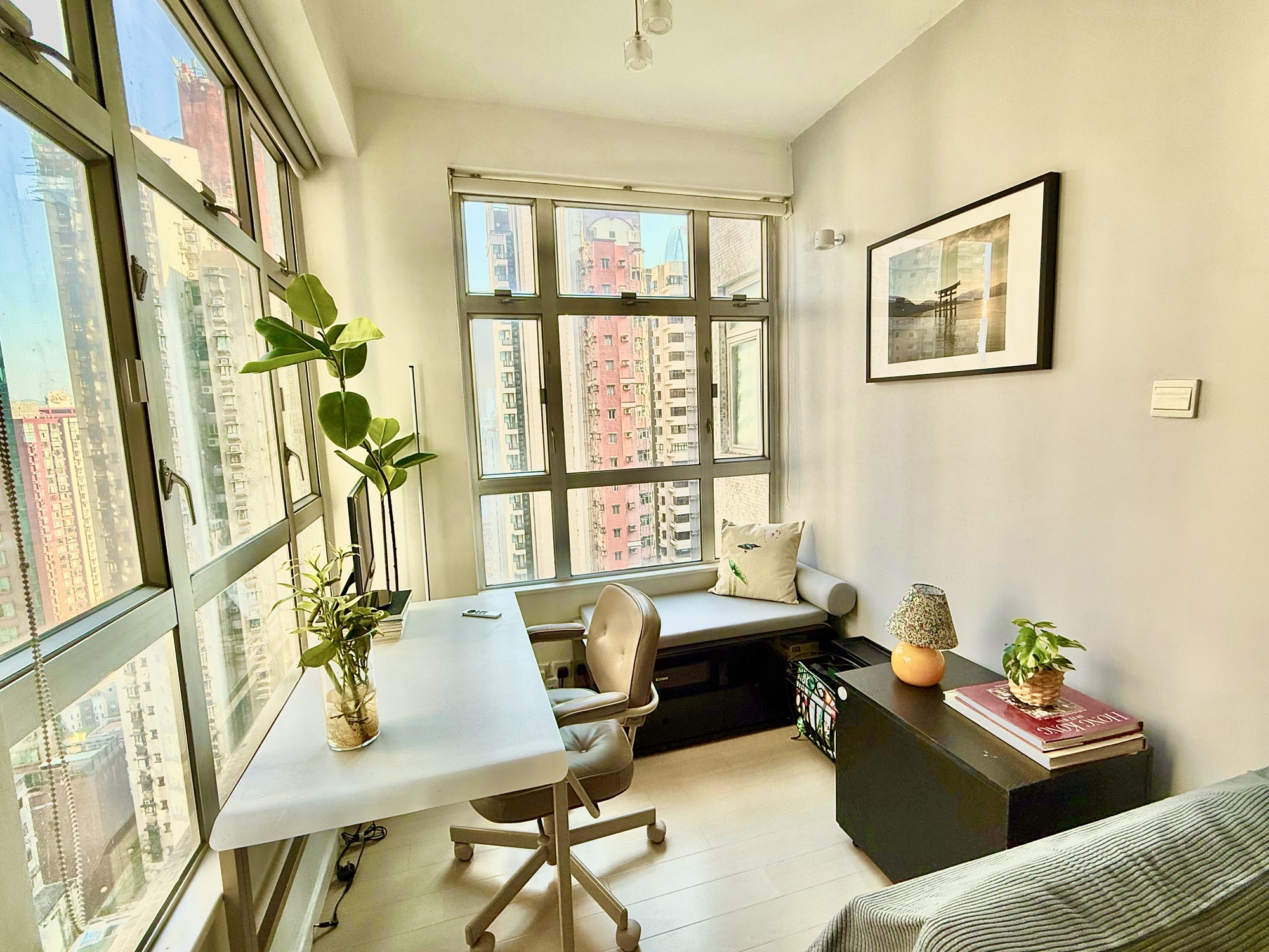 Bright corner workspace with city views
