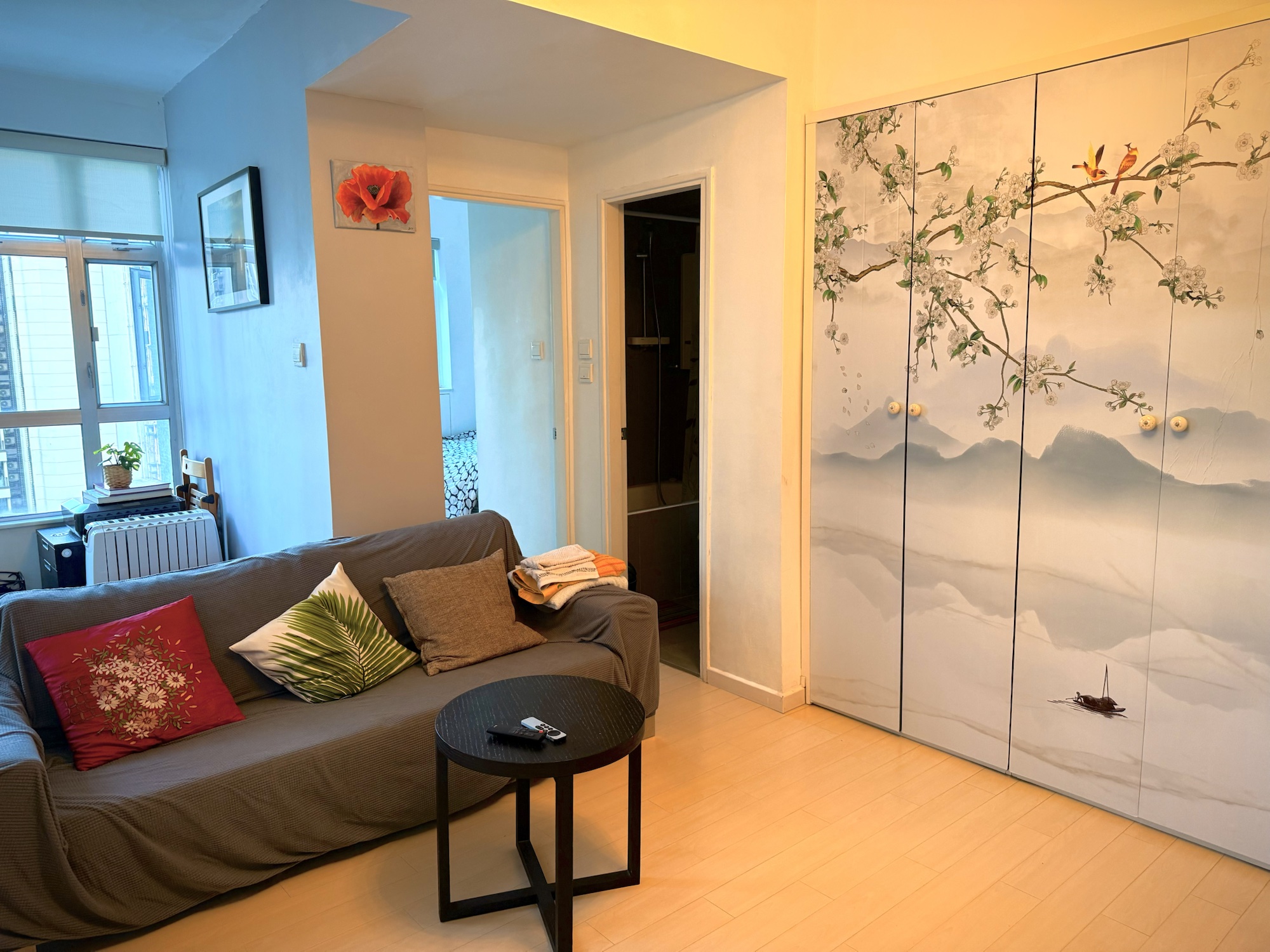 Living room with sofa and decorative storage