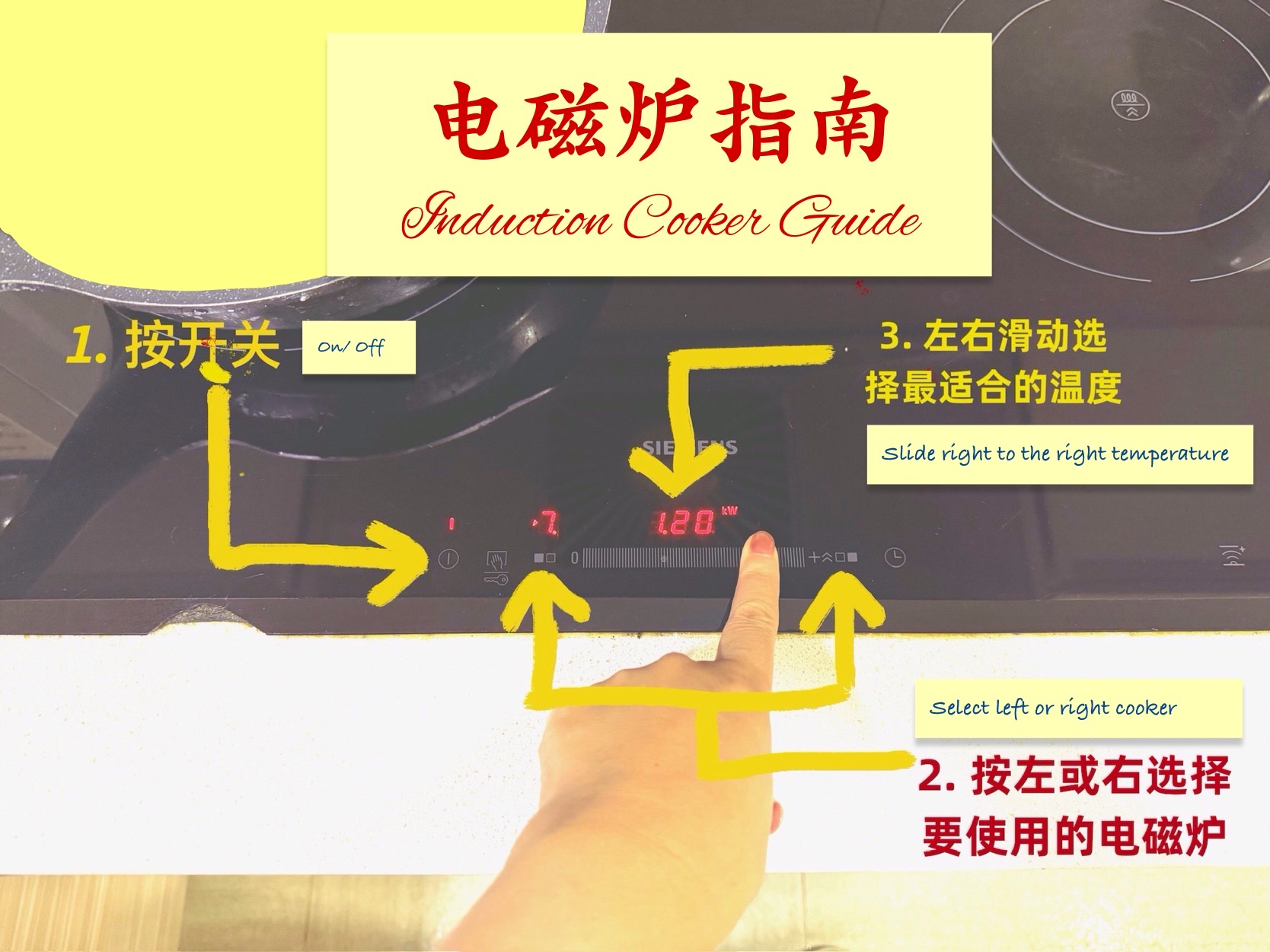 Induction cooker control panel with steps marked
