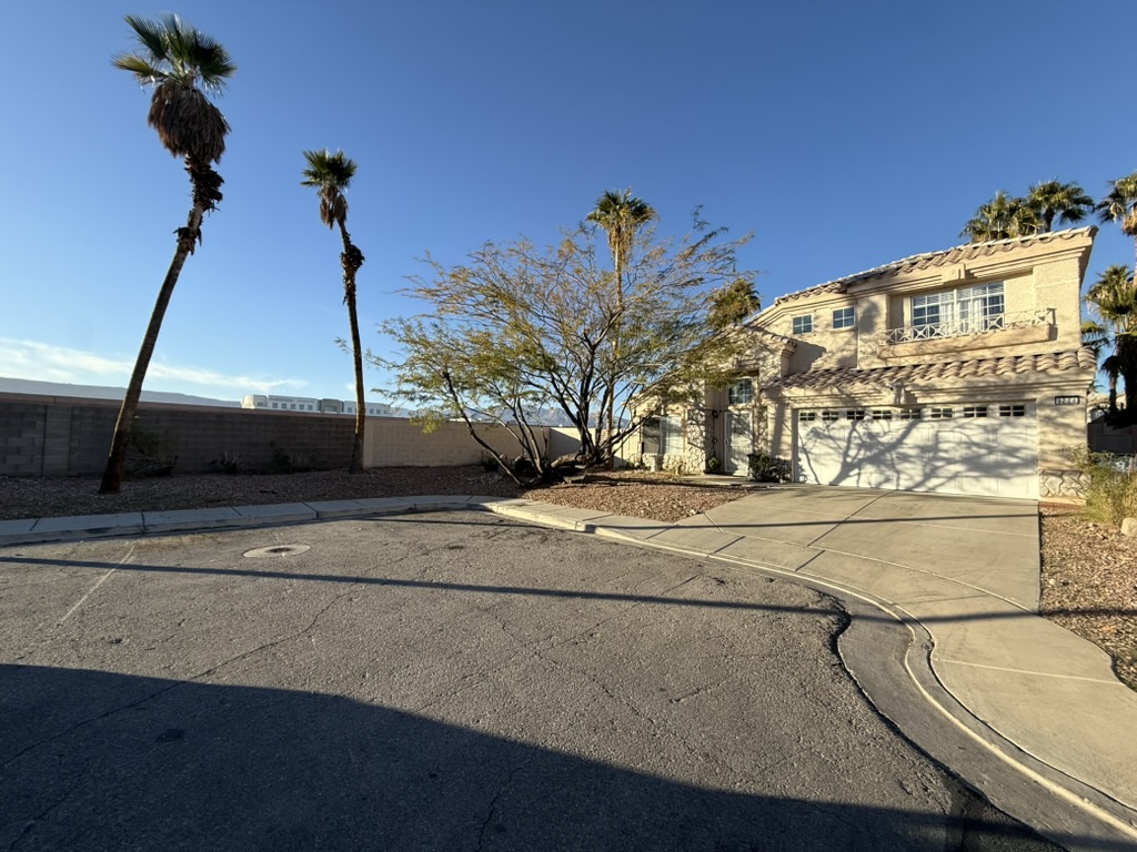 The Mangostone home viewed from the cul-de-sac, with the large mesquite tree in front and the driveway on the right.