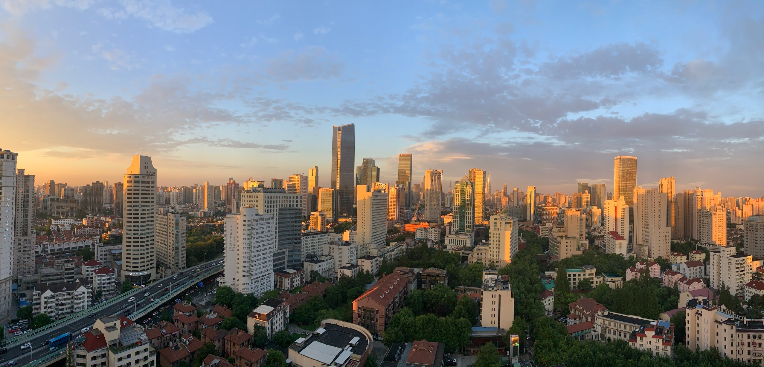 Panoramic sunset view across central Shanghai